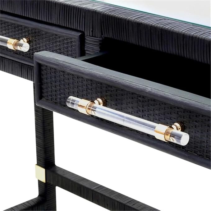 Pemberly Row Modern Rattan Desk 47.2 W x 15.8 D x 31.1 H Wood Frame with Glass Top Charcoal Finish 2 Soft-Close Drawers Handmade Contemporary Writing Desk for Home or Office