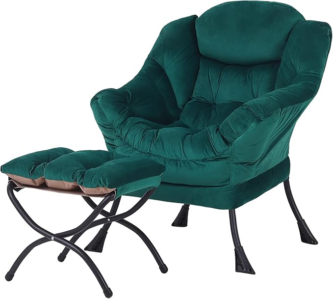 Welnow Lazy Chair with Ottoman Modern Accent Chair with Armrests and a Side Pocket Leisure Sofa Armchair Reading Armchair with Footrest for Small Space Dark Green