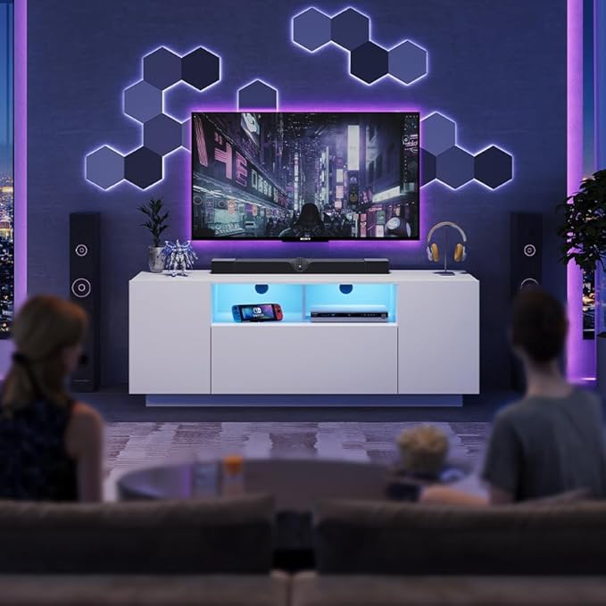 WLIVE TV Stand with LED Lights &amp Large Storage Cabinet Modern Entertainment Center for 32/43/50/55 Inch TVs Sturdy Media Console for Living Room Bedroom Gaming White