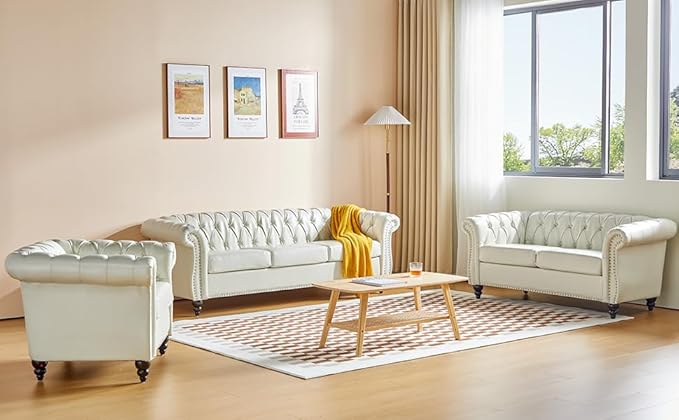 AVZEAR Chesterfield Loveseat Sofa Upholstered Sofa Modern Sofa Couches Set Style Button Tufted PU Chesterfield Sofa for Living Room Apartment PU White
