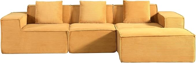 Harper Convertible Corduroy Sectional Couch with Ottoman &amp Pillows Modular L Shaped Sleeper Sofa Boneless Cloud Couch for Living Room Furniture Ginger Yellow