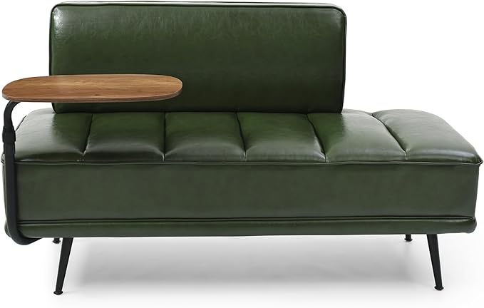 Modern Upholstered End of Bed Bench with 360-Degree Swivel Tray 2 Seater Sofa Couch with Side Table Settee Bench with Metal Legs Backrest for Living RoomEntrywayFoyer (PU-With Tray Green)