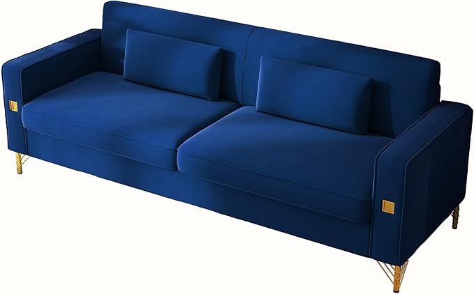 85.63 Velvet SofaModern Loveseat Couch with Pillows Set of 2 for Living RoomBedroomApartment Furniture with Gold Metal Legs (Blue)