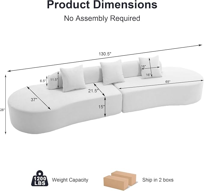 130.5” Oversized Curved Sectional Sofa Modern Cloud Curved Couch Boneless Compression Sofa with 3 Pillows for Living Room Apartment Office No Assembly Required Terrycloth Fabric Black