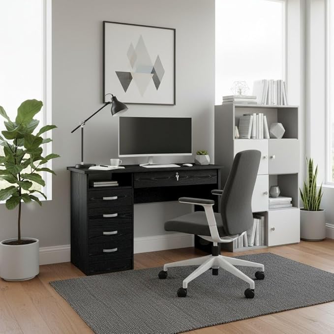 Black Home Office Desk with 5 Drawers and Open Shelf Lockable Storage Computer Desk and Study Table Ideal for Work from Home Setup