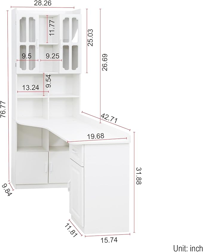 L-Shaped Corner Computer Desk with Bookshelf and Hutch Home Office Desk with Drawer Storage Cabinets Open Shelves and Drawer Work Desk for Bedroom Living Room Anti-Tip Device (White)