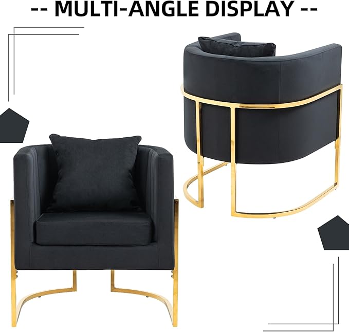 X-VOLSPORT Velvet Accent Chair in Black Modern Barrel Arm Chair for Living Room/Bedroom/Guest Reception Upholstered Club Armchair with Pillow &amp Gold Base