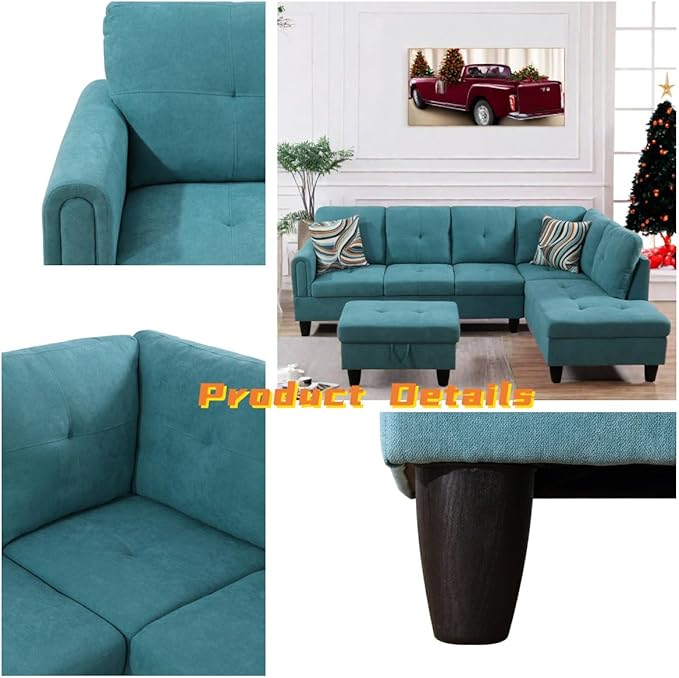 FONTOI L Shaped Sectional Couch with Otttoman 97 Sectional Sofa for Living Room Flannel Modular Couches with Cup Holders for Bedroom Apartments Blue