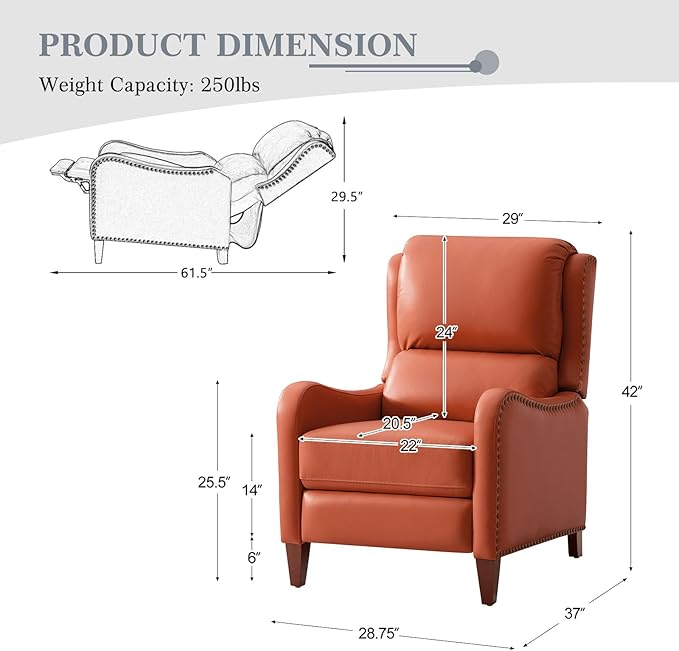 HULALA HOME Genuine Leather Recliner Chair Modern Push Back Recliner Armchair with Thick Seat Backrest &amp Footrest Nailhead Decor for Living Room Bedroom Brick