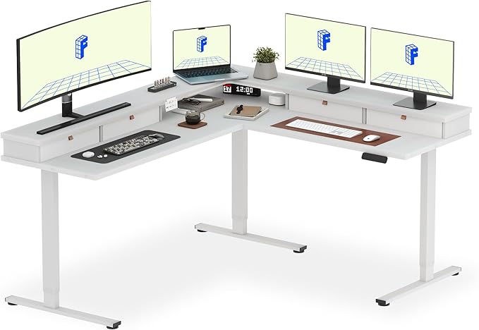 FLEXISPOT 71 Large L Shaped Standing Desk Electric Corner Table with Shelf 4 Storage Drawers Adjustable Computer Workstation for Home Office Game Studio White Top + White Frame