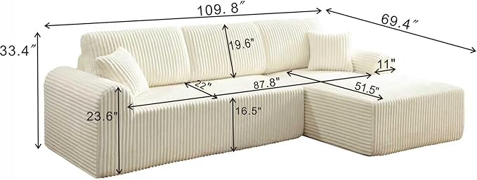 109-Inch L-Shaped Right Facing Boneless Corner Sofa 2 PCS Modular Sectional Cloud Sofa Couch with Chaise Lounge and Toss Pillow Corduroy Boneless L-Shaped Couches