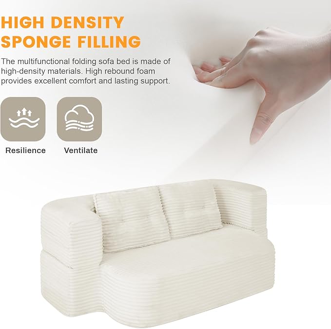 78.4 Convertible Sleeper Sofa Bed Floor Couch Loveseat with Functional Blanket and 2 Soft PillowsCorduroy Fabric Boneless Futon Couch for Living RoomBedroomApartment(Beige)