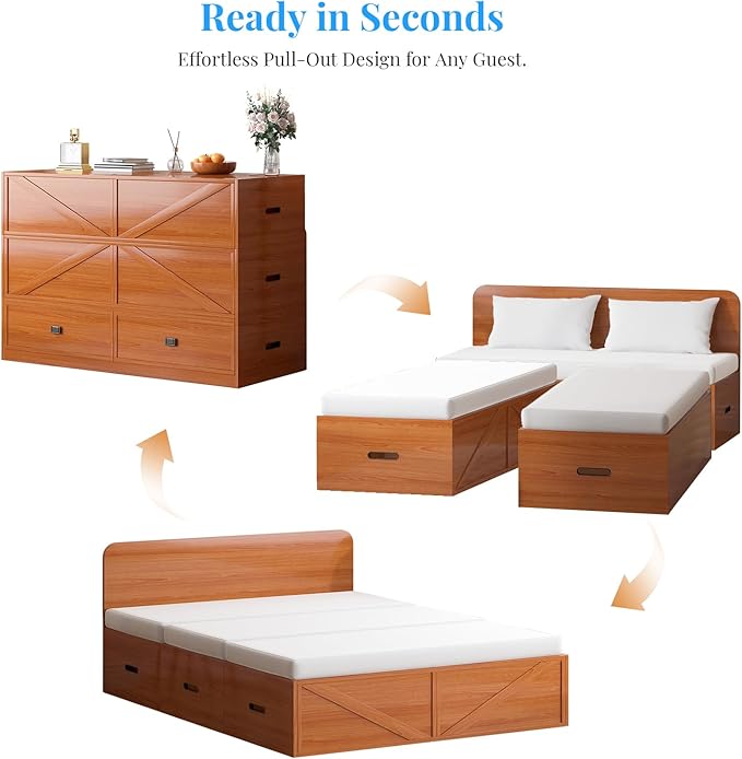 PUREMIND Murphy Bed Full with Mattress Included Wood Cabinet Bed with Dual Storage Drawers &amp 2 Pillows 3-in-1 Convertible Sofa Beds for Small Space Guest Room Home Office Cherry