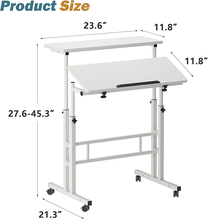 sogesfurniture Mobile Standing Computer Desk for Home Office Height Adjustable Laptop Workstation on Wheels with Keyboard Tray Small Portable Rolling Writing Table Sit to Stand Riser White