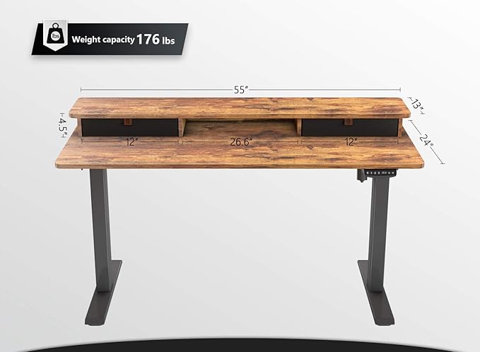 CubiCubi Electric Standing Desk with Double Drawers 55x24 Inch Height Adjustable Sit Stand Desk with Storage Shelf Home Office Computer Workstation Rustic Brown