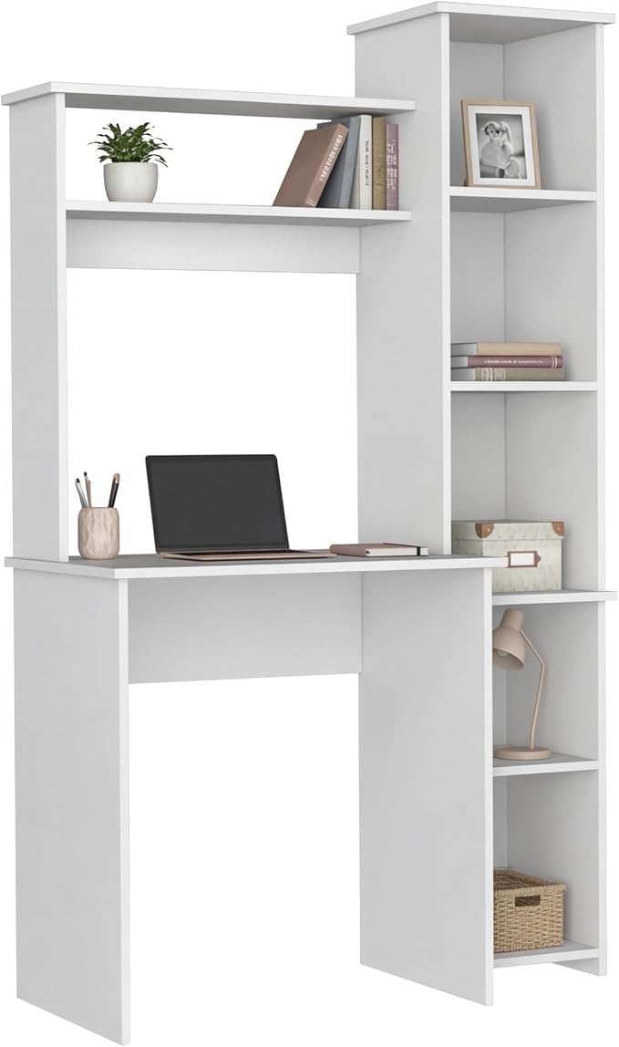 Tuhome Versalles Writing Desk with Two Superior Shelves Five Side Open Storage Compartments Space-Saving Modern Workstation Design for Studios and Offices Ideal for Organization Books