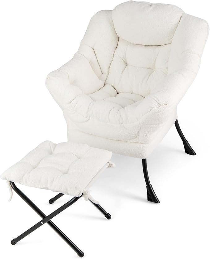 HOMGX Lazy Chair with Ottoman Modern Accent Chair w/Folding Footstool &amp Side Storage Pocket Upholstered Comfy Reading Chair for Bedroom Living Room Office (Beige)