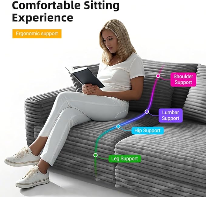 Cloud L Shaped Couch Modular Sectional Sofa 3 Seater Corduroy Cloud Sofa Couch with Ottoman 82.7'' Oversized Chaise Lounge Sleeper Sofas Deep Seat Sectional Couches for Living Room Grey