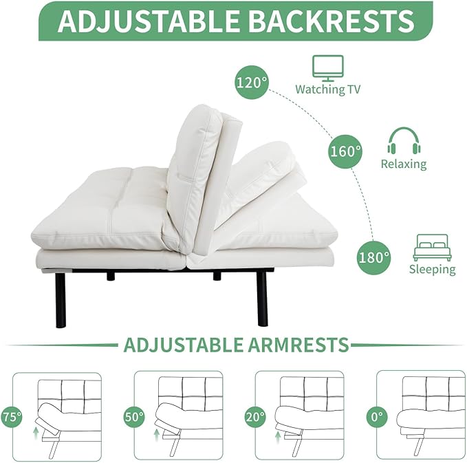 MUUEGM 71 Futon Sofa Bed Convertible Couch Filled with Memory Foam Modern Loveseat with Adjustable Backrest&ampArmrest Sofas for Living RoomGame RoomDormitoryOffice.White Leather