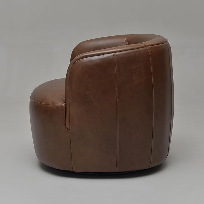 KINWELL 33''W 100% Top Grain Genuine Leather Swivel Barrel Armchair No Assembly Round Upholstered Leather Accent Chairs with Toss Pillow for Living Room Office Lounge (Dark Brown Genuine Leather)