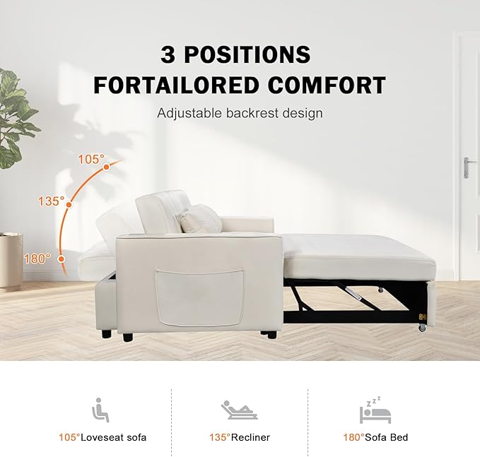 Convertible Sofa BedVelvet Sleeper Sofa Bed with Side Pockets 3 in 1 Pull Out Couch with Adjustable Backrest for Living Room Bedroom Apartment White