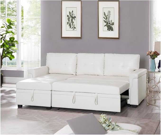 Naomi Home Transform Any Space: Sleeper Sectional Sofa with Convertible Sofa Bed &amp Inviting Chaise &amp Durable Cushions for Lounge Living Room - White/Air Leather