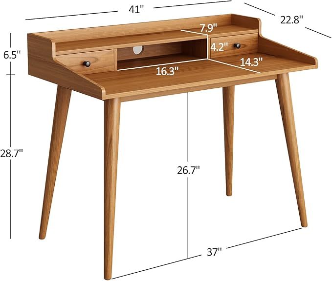 Mid Century Modern Desk 41 Wood Home Office Writing Computer or Laptop Desk with Monitor Stand Riser and Open Storage Cubby Vanity Desk with 2 Drawers