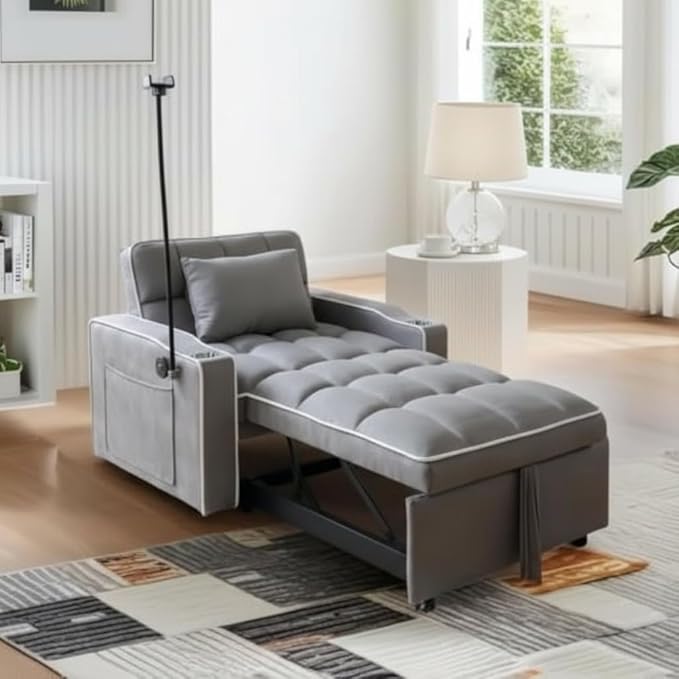 Convertible Sleeper Chair Pull Out Chair Sleeper with Bracket and Cup Holder Chairs Bed Sleepers for Adults 3 in 1 Sofa Bed Chairs for Small Spaces Living Room Gray