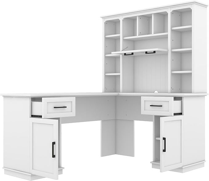 L-Shaped Executive Desk Writing Desk Office Study Workstation with Storage Cabinets and Bookcases Wood Home Office Computer Desk for Living Room Study Room (White-11.8)