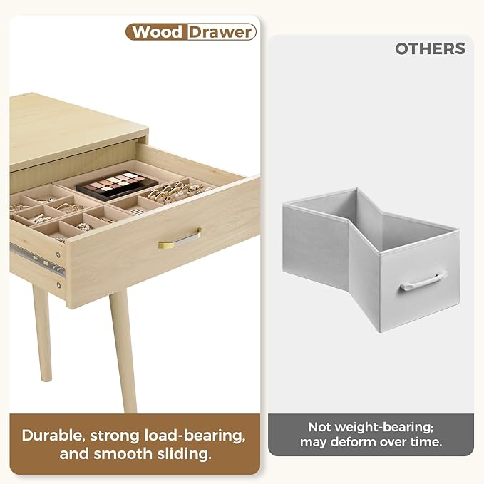 Small Wood Desk with Drawers - 40 Inch Home Office Study Writing Desk for Bedroom Vanity Desk with 4 Solid Legs Modern Computer Desk for Small Spaces