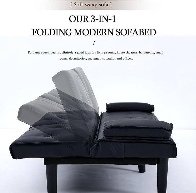 Convertible Sleeper Sofa Bed Modern Leather Futon Couch Bed Twin Size 67'' Recliner Reversible Loveseat Folding Couches Guest Bed for Small Spaces Living Room Office Dorm RV 2 Cupholders (Black)