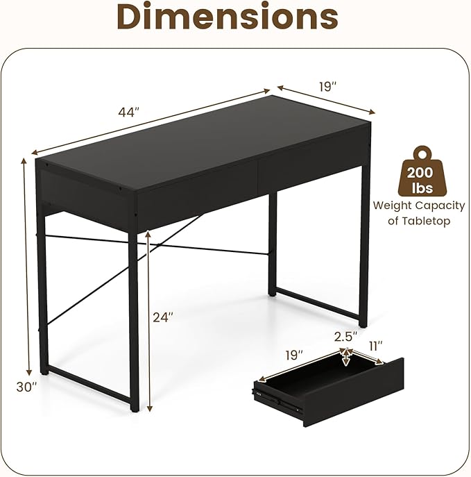 Tangkula Computer Desk with 2 Drawers 44 Inch Home Office Desk with Metal Frame &amp Anti-Toppling Device Modern Writing Desk Study Desk Compact Laptop PC Desk for Small Space (Black)