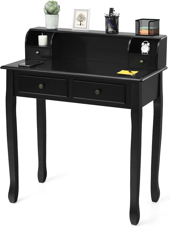 Giantex Writing Desk with 4 Drawers Removable Floating Organizer 2-Tier Mission Home Computer Vanity Desk for Apartment Small Space (Black)