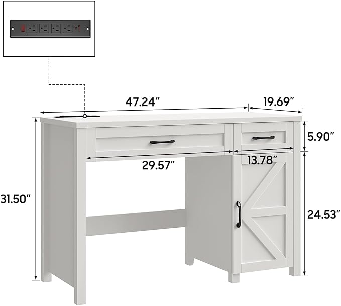 Farmhouse 47 Executive Desk Computer Desk with Drawers and Storage Cabinet Workstation Computer Desk for Home Office Study.Cream White