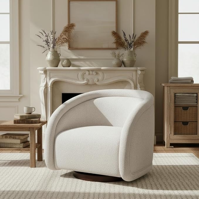 Scott Living Sabbo Beige Bouclé Swivel Chair with Walnut-Finished Solid Wood Base Comfy Swivel Accent Chair Upholstered Lounge Sofa Chair for Living Room/Bedroom Beige + Walnut