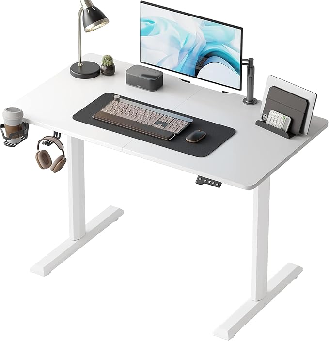FEZIBO Height Adjustable Electric Standing Desk 44 x 24 Inches Small Stand up Table Sit Stand Home Office Desk with Splice Board White