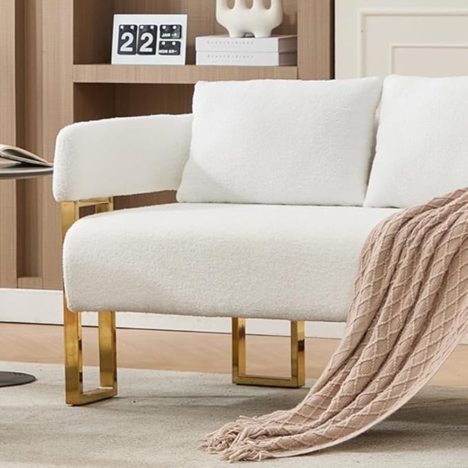 Teddy Loveseat Couch Modern Upholstered Small Love Seat Sofa 2 Seat Sofa with Gold Metal Frame Comfy Couches for Living Room Bedroom Reception Area &amp Office (White)