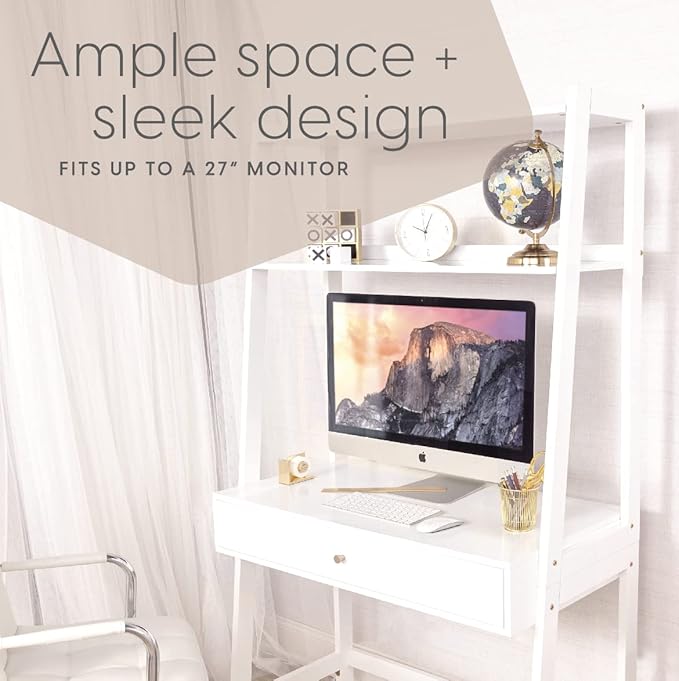 Milliard Ladder Desk with Storage Freestanding Wall Computer Desk with Drawer and Shelves White