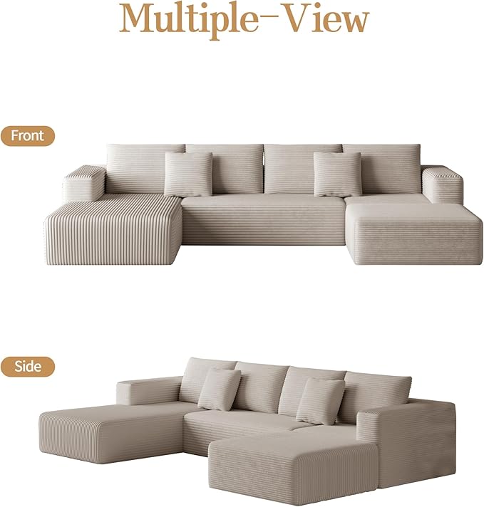 134.6'' U-Shaped Modular Sectional SofaModern Comfortable Corduroy Cloud CouchConvertible Boneless Couches for Living Room with OttomanNo Assembly(Camel)