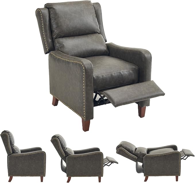 Leather Pushback Recliner Chair PU Leather Push Back Armchair Upholstered Recliner Chair 105-135 Degree Adjustable Retro Accent Chair for Living Room Bedroom - Gray