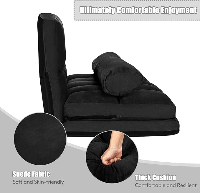 Giantex Adjustable Floor Sofa 6-Position Foldable Lazy Sofa Bed Durable &amp Stable Suede Floor Seating Couch with 2 Pillows (Black)