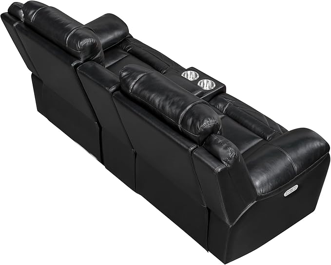 Lexicon Wall Hugger Power Double Reclining Loveseat with Console Faux Leather Home Theater Seating with LED Lighting Charging Ports Bluetooth Speaker Wireless Cup Holders Hidden Storage Black