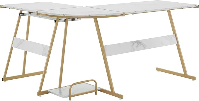 ivinta L Shaped Gaming Desk 58 Modern Corner Computer Desk with Keyboard Tray &amp CPU Stand for Small Spaces Home Office &amp Living Room 7112 (White &amp Gold)