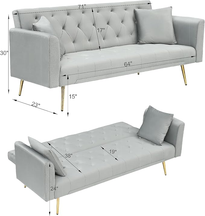71 Velvet Futon Sofa Bed Convertible Sleeper Couch with 2 Pillows - Modern Loveseat Small Sofa 3-Angle Adjustable Backrest Golden Metal Legs for Living Room Bedroom Apartment Easy Assembly (Gray)