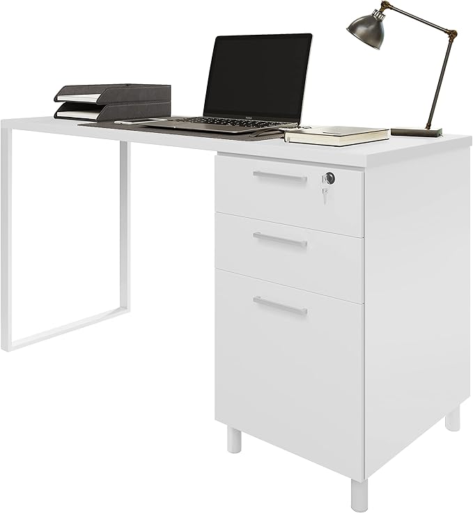 Modern Design Milano Office Desk with 3 Locking Drawers 48 Inch White Industrial Wood Desk with Filing Drawer and Storage by Crafts and Comfort