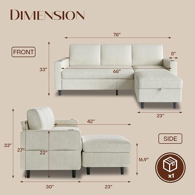 Convertible Sectional Couches for Living Room 3 Seats L Shaped Sofa with Storage Ottoman and 2 Cup Holders Modern Corduroy Couch Small Sofas for Small Space Apartment Office Beige