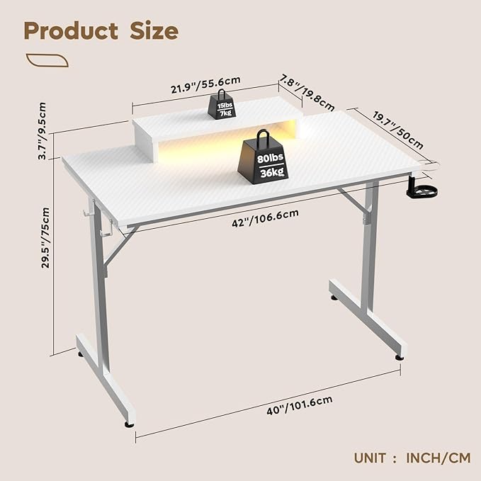 Bestier Gaming Desk with LED Lights &amp Monitor Stand 42 inch Small Computer Desk Gamer Workstation with Cup Holder &amp Headset Hooks Modern Simple Style Desk for Home Office Carbon Fiber White