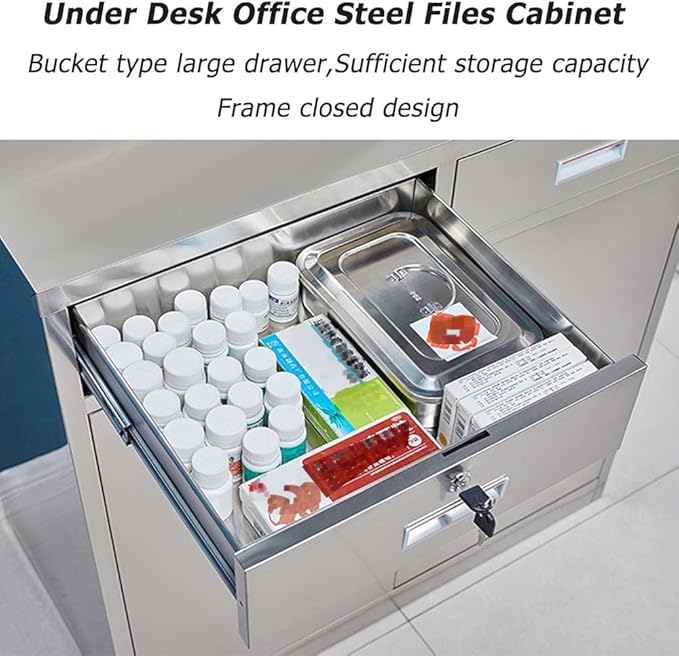 Stainless Steel File Cabinet with Lock Under Desk Mobile File Cabinet for Home Office Garage Tool Chest Cabinet Metal Medicine Cabinet for Warehouse/Repair Shop/Home (Size:3 Drawers)