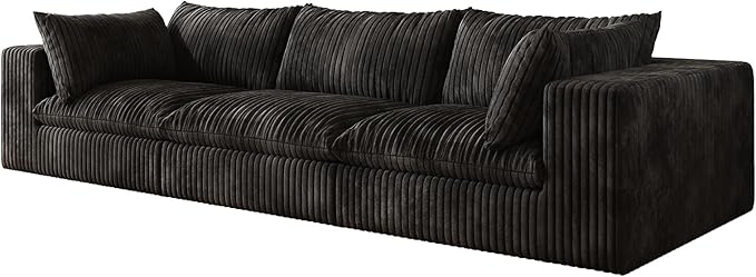 118-inch Boneless Cloud Sofa Modular Corduroy Sectional Couch with Full Foam Compression for Living Room Bedroom Apartment No Assembly Required (Black 3 Seater)
