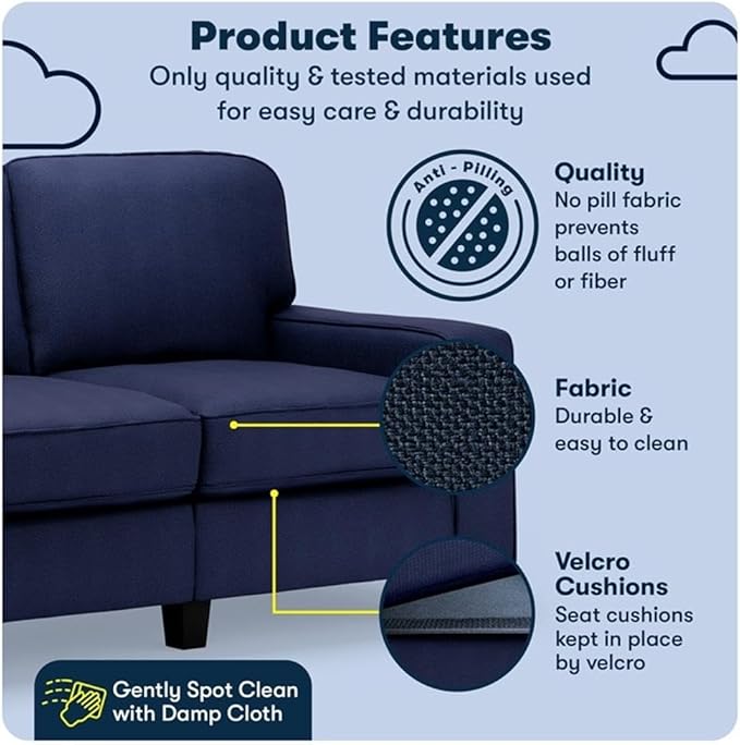 Pemberly Row 61 Track Arm Loveseat Sofa Navy Blue Polyester Upholstery Removable Covers Compact Space-Saving Design Solid Wood Frame Modern Style for Apartments Home Office or Living Room Use